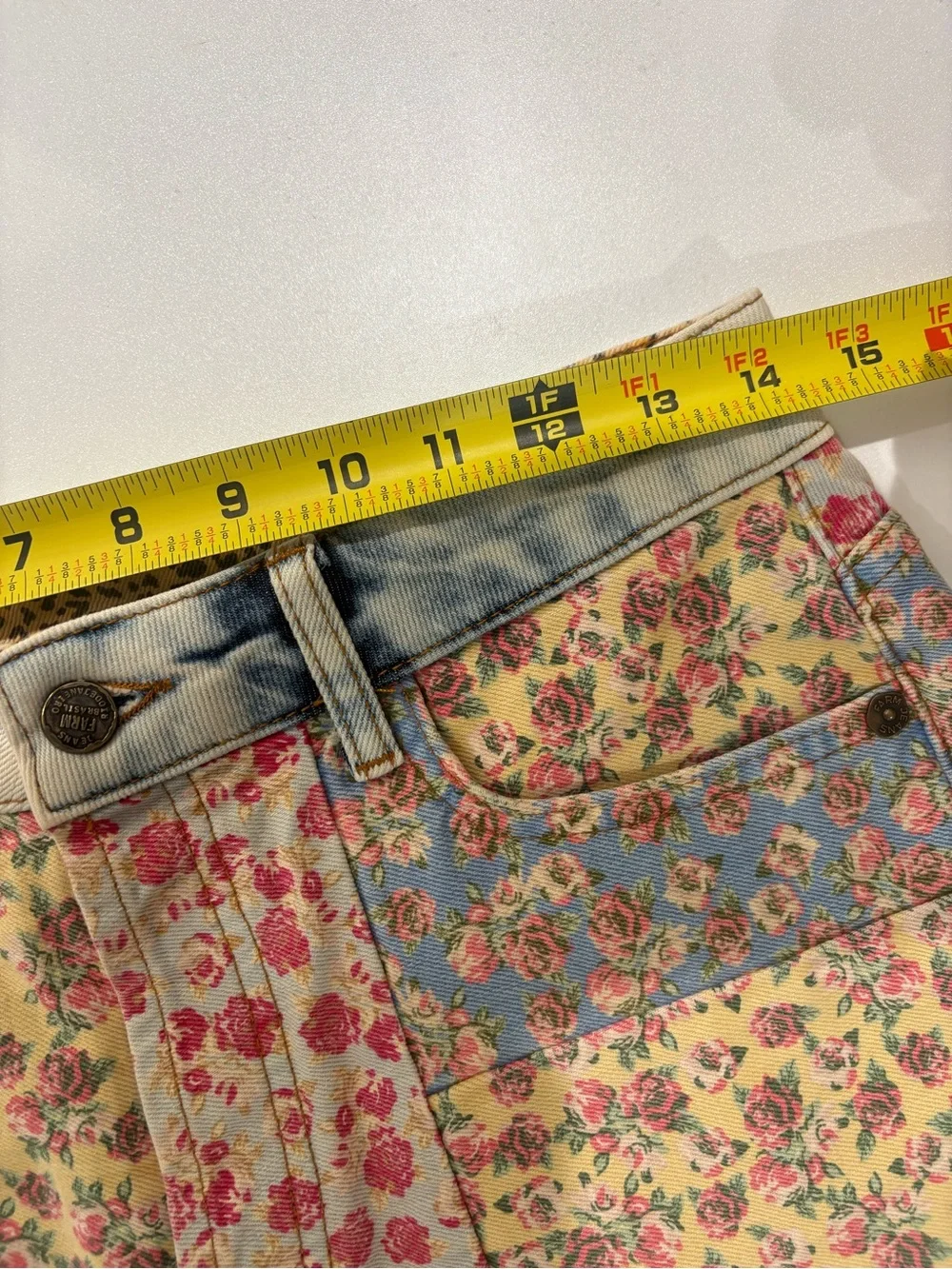 Farm Rio Floral Patchwork Denim Women’s Shorts - Yellow/Pink/Blue - Picture 9 of 11